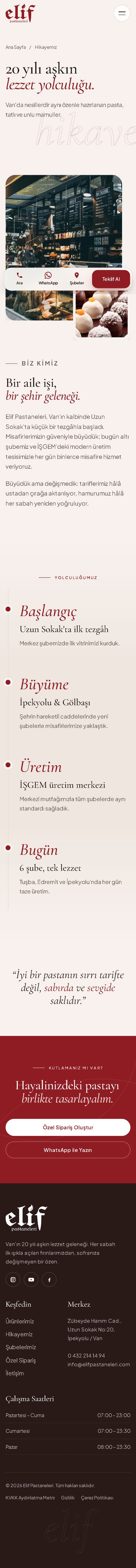 Elif Pastaneleri — Hikayemiz mobil görünüm
