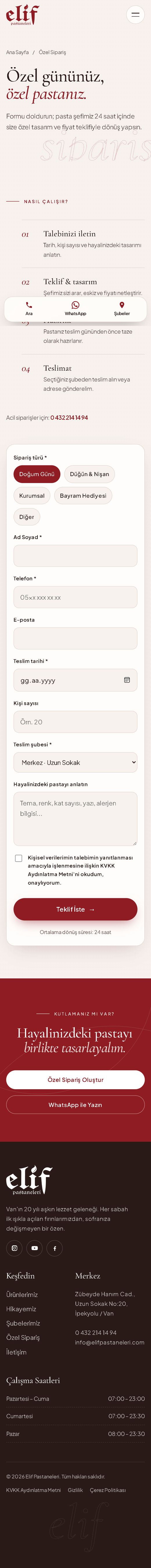 Elif Pastaneleri — Özel Sipariş mobil görünüm